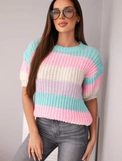 Dámský model 21949236 s krajkovým vzorem v barevných pruzích s krátkým rukávem mátový - K-Fashion
