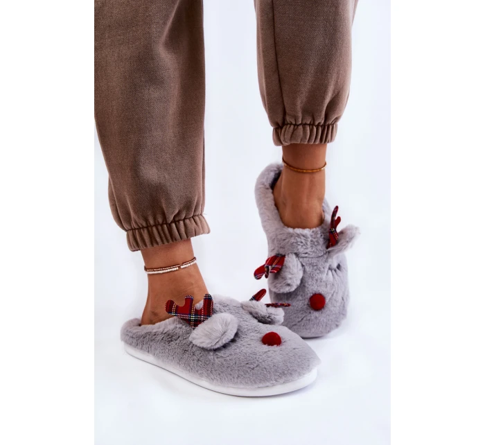Damskie Świąteczne Futrzane Papcie Z Reniferem Szare Clarie