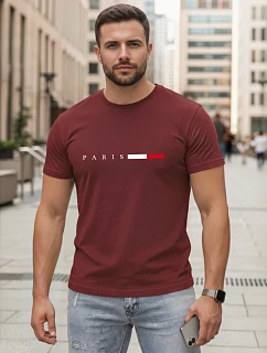 Koszulka męska bawełniana z napisem PARIS bordowy model 22316064 - FashionStreet