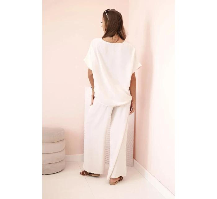 Dámský komplet z viskózy s ozdobným květem a širokými kalhotami - béžový