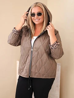 Dámska bunda Plus Size s kapucňou a lemovaním v leopardovom vzore, farba fango zelená