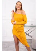 Asymetrické šaty, 3/4 rukávy, hořčicová barva Asymetrické šaty, 3/4 rukávy, hořčicová barva