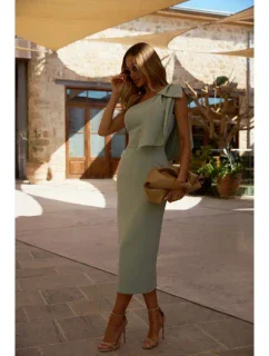 M847 Šaty na jedno rameno s mašľou - mentolové