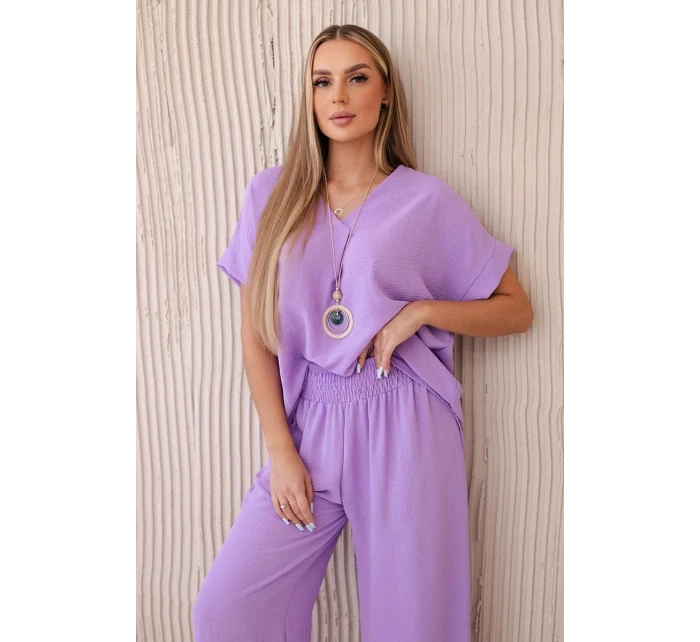 Komplet s náhrdelníkem halenka + kalhoty světle fialová