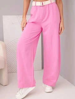 Dámské bavlněné kalhoty se širokou nohavicí a páskem cukrově růžová