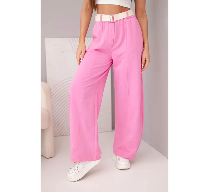 Dámské bavlněné kalhoty se širokou nohavicí a páskem cukrově růžová