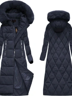 Tmavomodrá dlhá dámska zimná bunda s kapucňou (7688BIG)