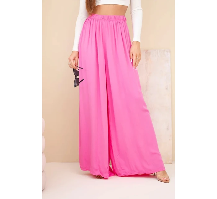 Dámské široké viskózové kalhoty s gumou v pase růžové