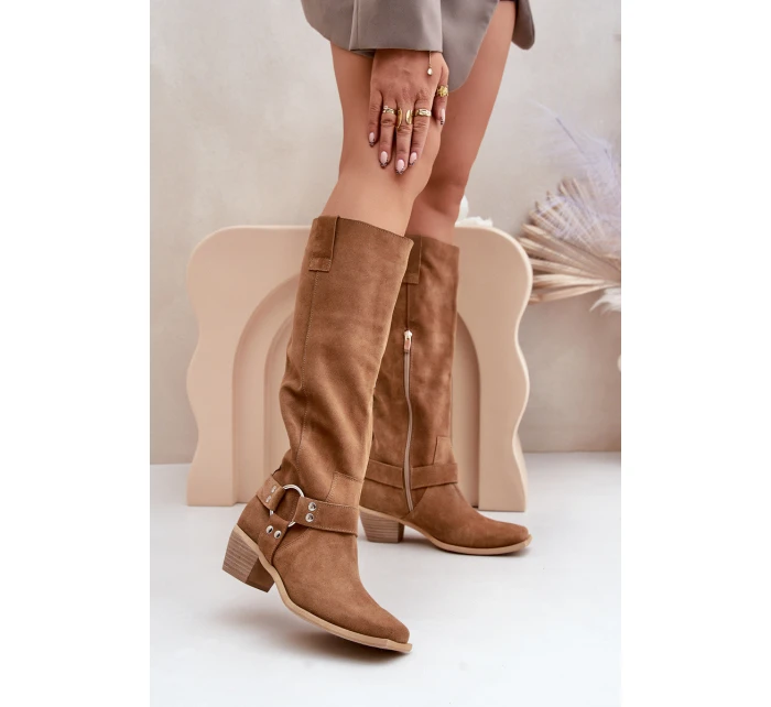 Zamszowe Kozaki Na Niskim Obcasie Z Cholewką Przed Kolano Zazoo 3444/O Camel