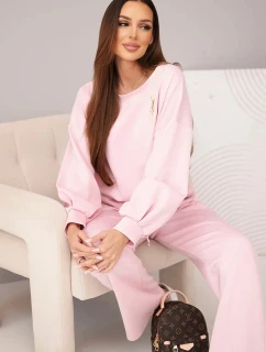 Dámska súprava maslová mikina s brošňou a nohavice s rovnými nohavicami tmavo púdrovo ružová