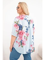 Dámske bavlnené Plus veľkosť V-neck blúzka s kvetinovým vzorom modrá Dámske bavlnené Plus veľkosť V-neck blúzka s kvetinovým vzorom modrá