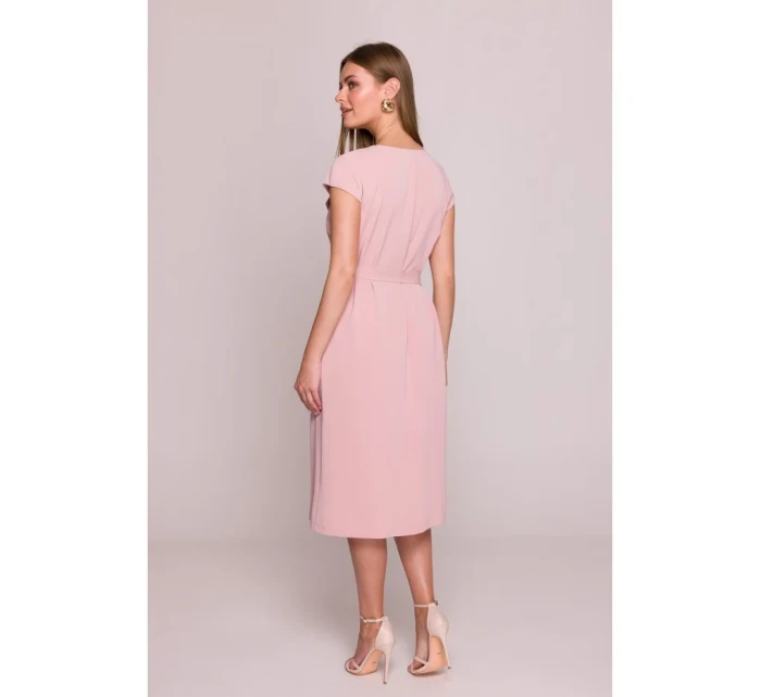 S411 Šaty bez rukávov s volánovým výstrihom - púdrové S411 Šaty bez rukávov s volánovým výstrihom - púdrové