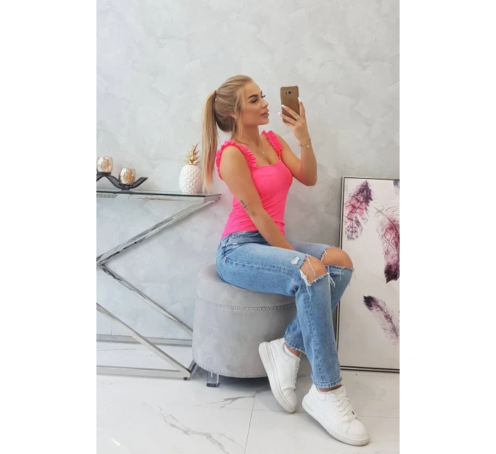 Blúzka s volánikmi bez ramienok ružová neónová