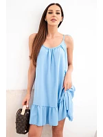 Dámske viskózové šaty bez ramienok s volánom a viazaním modré