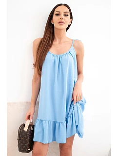 Dámske viskózové šaty bez ramienok s volánom a viazaním modré