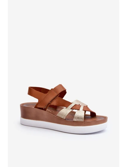 model 21648135 Dámské Kožené Sandály na Platformě Hnědé - Zazoo