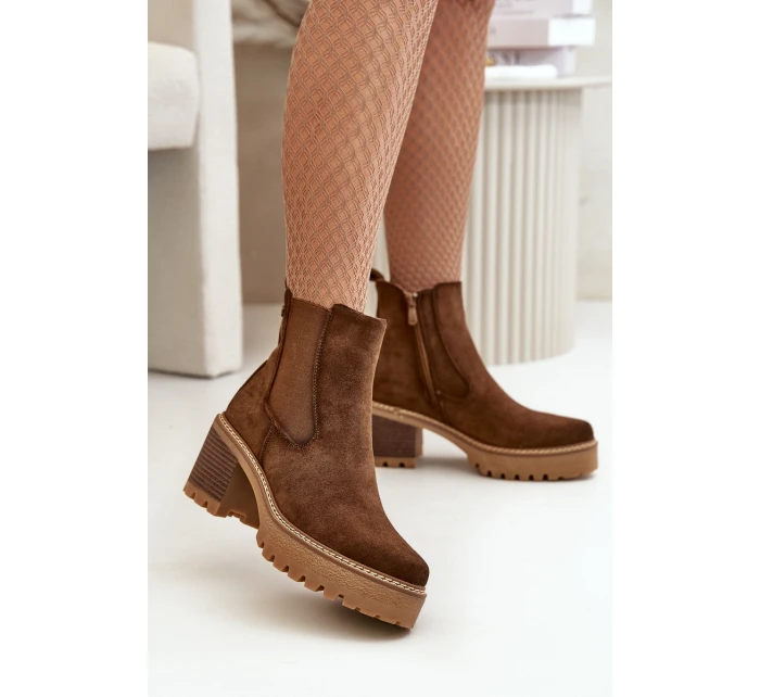 Botki Damskie Ocieplane Na Słupku Eko Zamszowe Brązowe Irissinae Botki Damskie Ocieplane Na Słupku Eko Zamszowe Brązowe Irissinae