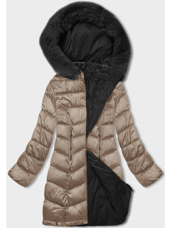Béžovo-čierna obojstranná dámska zimná bunda s kapucňou (B8203-1201)