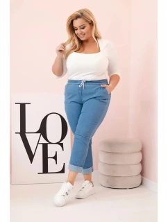 Dámské bavlněné kalhoty Plus Size s elastickým pasem a zavazováním světlý denim