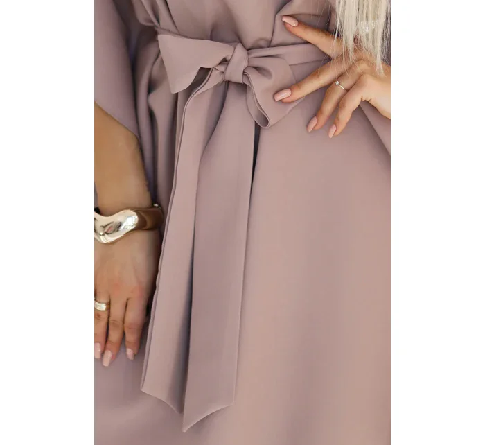287-37 SOFIA Motýlie šaty so zaväzovaním v páse - MOCHA MOUSSE