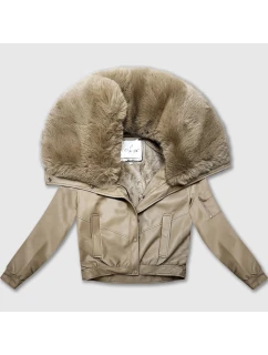 Kožená bunda s veľkým kožušinovým golierom Glakate warm beige (LU98090#)