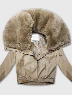 Kožená bunda s veľkým kožušinovým golierom Glakate warm beige (LU98090#)