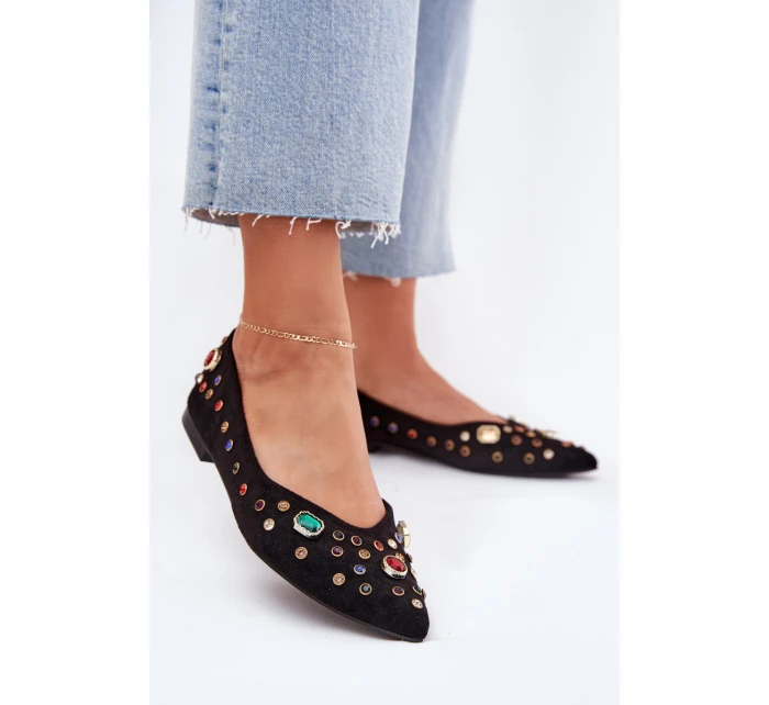 Baleriny Damskie Zdobione Kryształkami Czarne Valena
