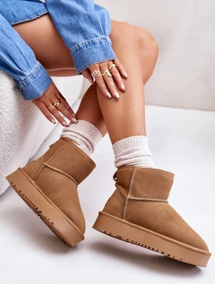 Skórzane Zamszowe Śniegowce Na Platformie Za Kostkę Camel Rianaella