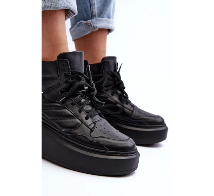 Zazoo 3392/X Damskie Skórzane Buty Sportowe Na Platformie Czarne
