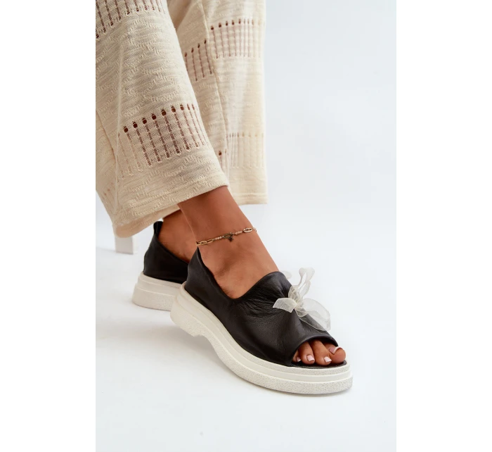 Zazoo 2939 Skórzane Sandały Damskie Z Kokardką Czarne