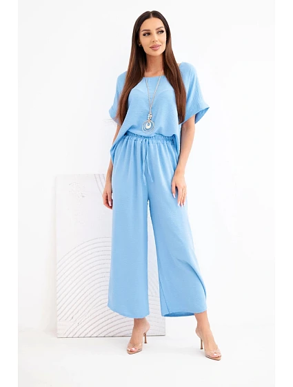 Dámska viskózna blúzka s krátkym rukávom a široké nohavice modré