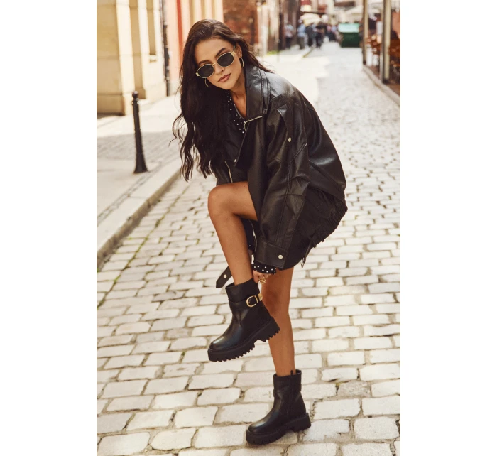 Ocieplane Botki Damskie Ze Złotą Klamrą Czarne Elanore Ocieplane Botki Damskie Ze Złotą Klamrą Czarne Elanore