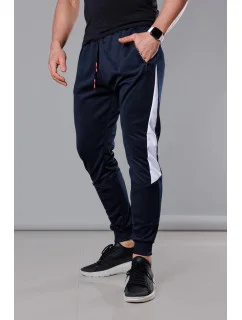 Tmavo modro-biele pánske teplákové nohavice so vsadkami (8K168)