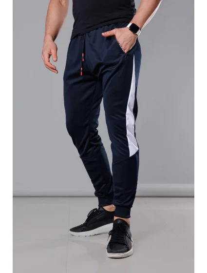 Tmavo modro-biele pánske teplákové nohavice so vsadkami (8K168)