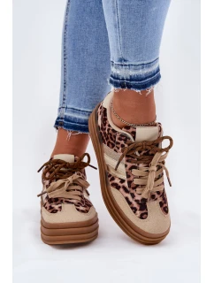 Sneakersy Damskie Na Platformie Z Podwójnym Sznurowaniem Panterka Beżowe Niteria
