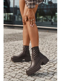 Botki Damskie Na Masywnym Obcasie I Platformie Eko Skórzane Brązowe Elvianne