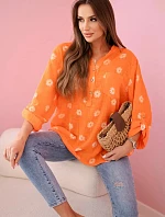 Dámska ľanová blúzka s kvetinovým vzorom, dlhými rukávmi a gombíkmi Oranžová