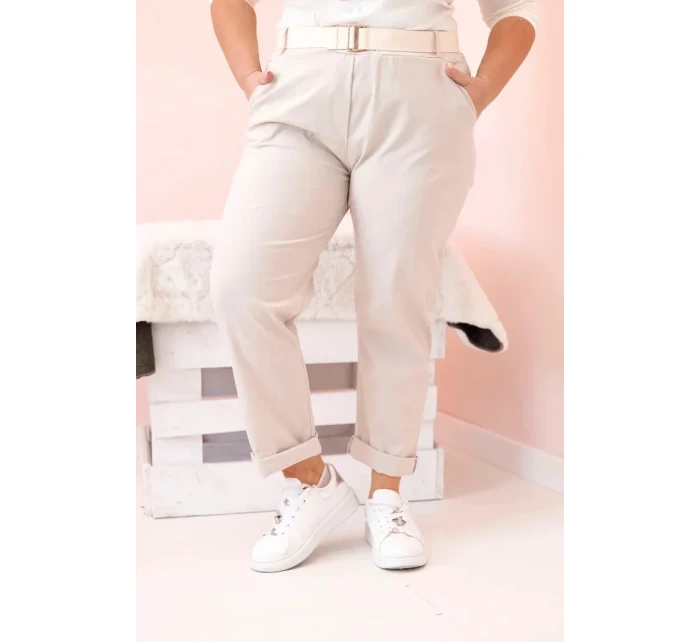 Dámske bavlnené nohavice s opaskom v béžovej farbe