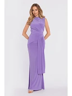 M913 Drapované maxi šaty s výrazným pásom a panelom - svetlofialové