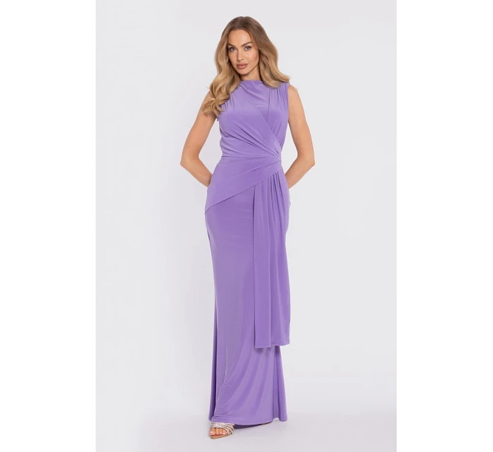 M913 Drapované maxi šaty s výrazným pásom a panelom - svetlofialové