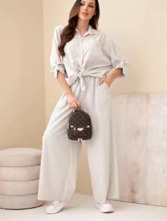 Dámský bavlněný komplet s vázanou košilí a širokou nohavicí béžový