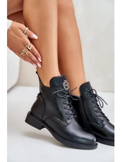 Ocieplane Botki Na Płaskim Obcasie Z Ozdobą Czarne Leonise