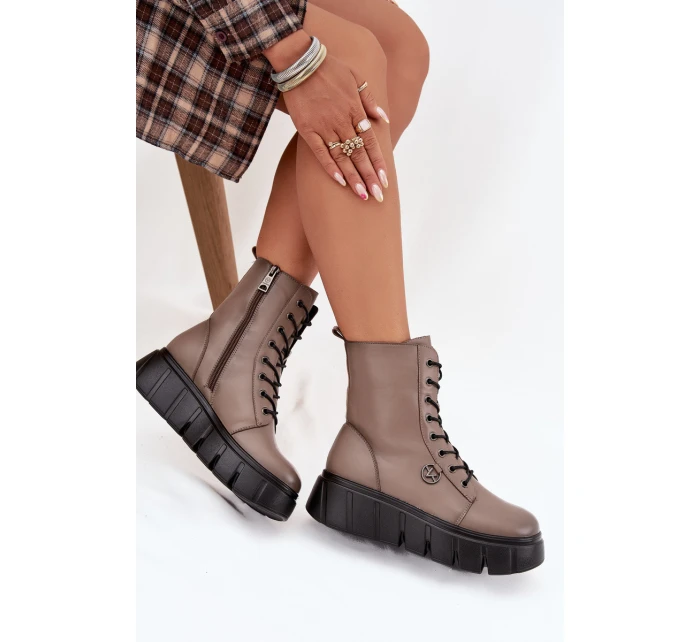 Botki Workery Damskie Na Platformie Ocieplane Vinceza 58588 Ciemnobeżowe