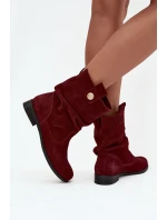 Skórzane Zamszowe Botki Damskie Z Marszczeniem Ocieplane Zazoo 4210 Bordowe