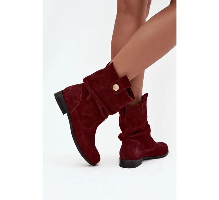 Skórzane Zamszowe Botki Damskie Z Marszczeniem Ocieplane Zazoo 4210 Bordowe