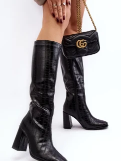 Dámske čižmy na vysokom podpätku s ozdobným razením, čierne Vabaria