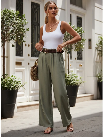 Dámske nohavice z lyocellu so širokými nohavicami, zelené, FashionStreet UY3066