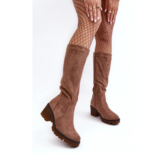 Kozaki Damskie Przed Kolano Na Niskim Obcasie Brązowe Beveta