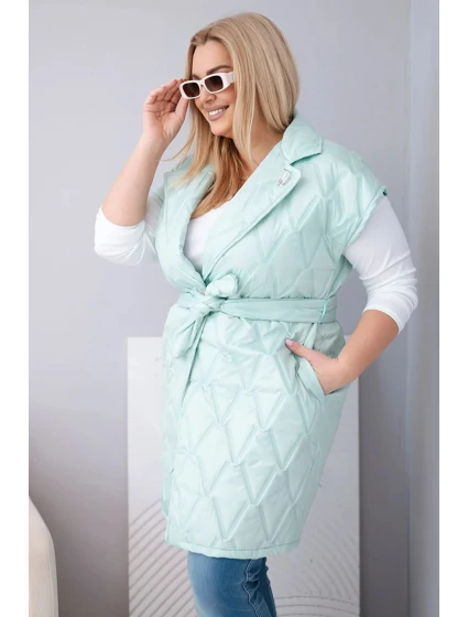 Dámská vesta Plus Size prošívaná s páskem a límcem mátová