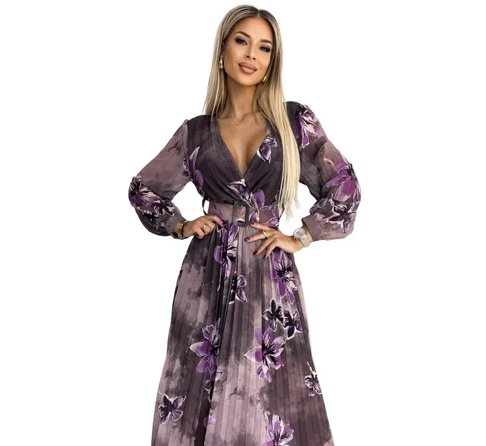 520-1 Plisované šifónové dlhé šaty s výstrihom, dlhými rukávmi a širokým opaskom - fialové veľké kvety 520-1 Plisované šifónové dlhé šaty s výstrihom, dlhými rukávmi a širokým opaskom - fialové veľké kvety